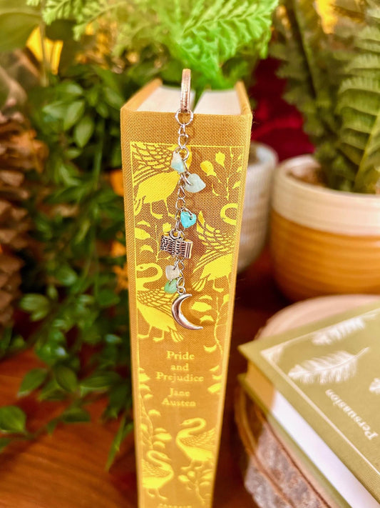 Celestial Moon Bookmark: Turquoise Gemstone & Book Charms