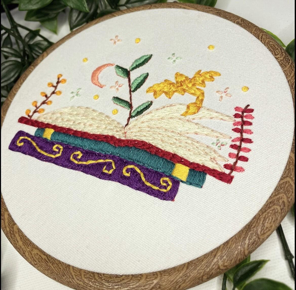PDF Embroidery Pattern – Magical Storybook with Plants & Moon | Fantasy Book Hoop Art