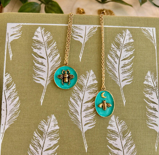 Gold Bee Charm Necklace | Hand-Painted Blue Pendant | Boho Cottagecore Jewellery Gift
