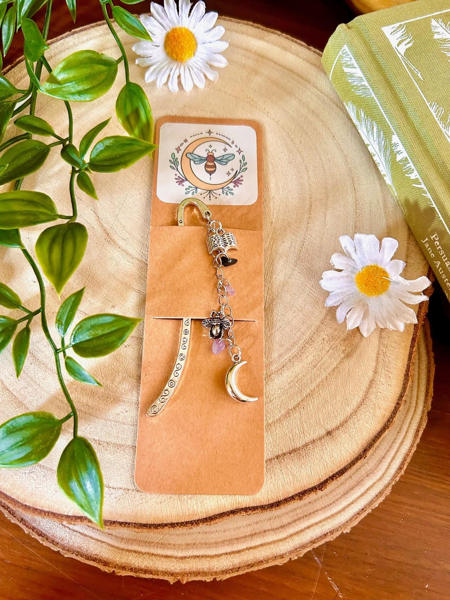 Amethyst & Obsidian Witchy Bookmark: Silver Moon, Bee, Book Charms