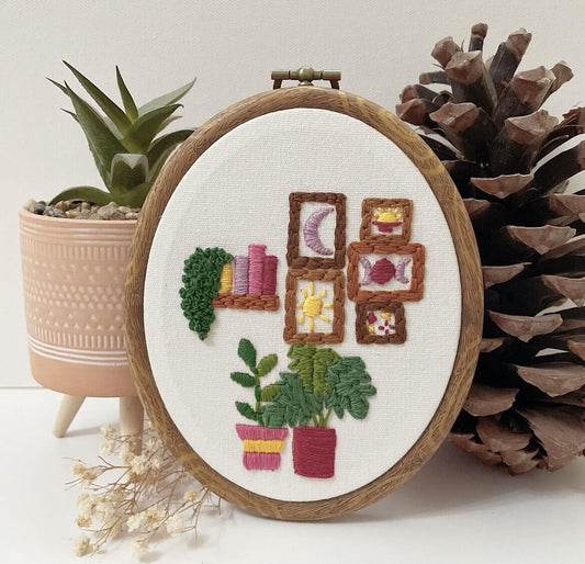 PDF Embroidery Pattern – Cosy Shelf & Plants Wall Art | Mini Frame and Bookshelf Stitch Design