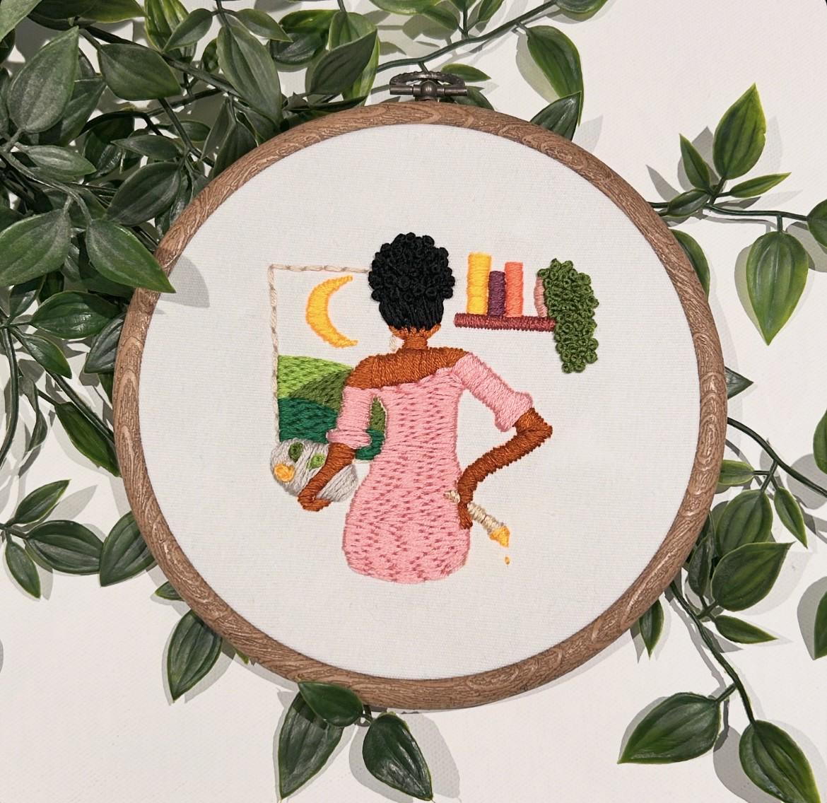 PDF Embroidery Pattern – Artist at Work with Paintbrush | 3D Hair Texture & Bookshelf Detail