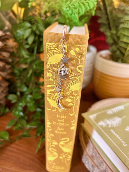 Celestial Moon & Stars Bookmark: Silver Charm, Witchy Book Accessory