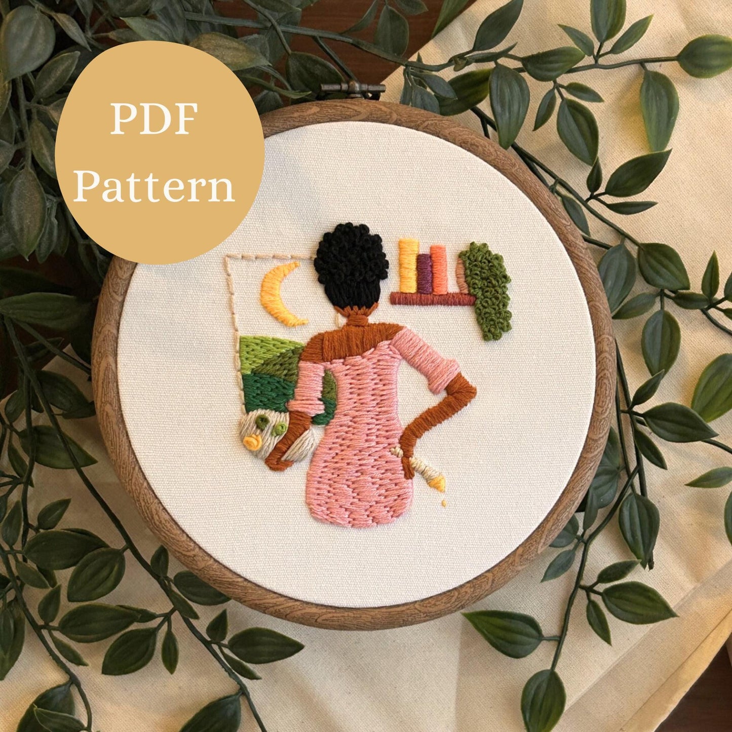 PDF Embroidery Pattern – Artist at Work with Paintbrush | 3D Hair Texture & Bookshelf Detail