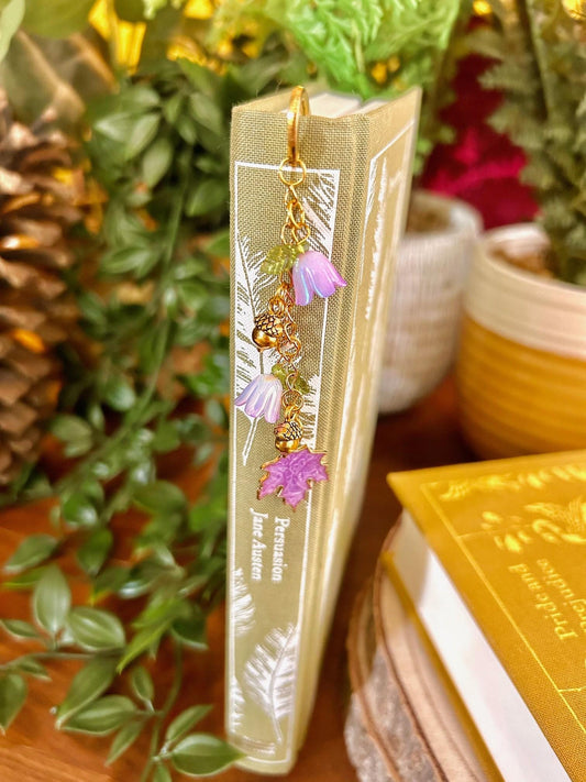 Autumn Floral Bookmark: Gold Bee, Purple Flower Charms - Cottagecore Gift