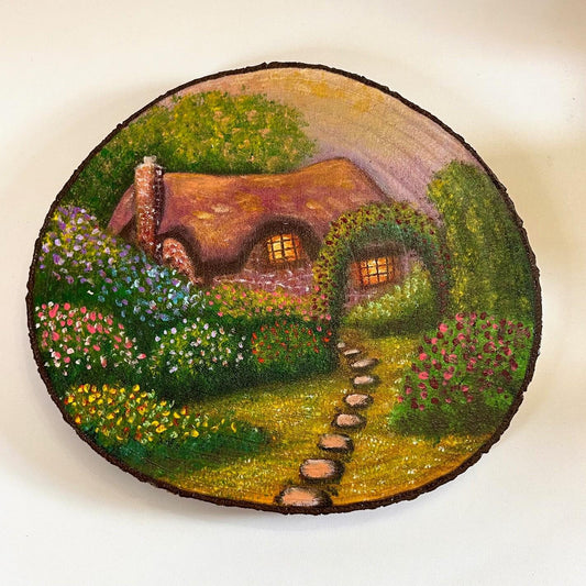 Hidden Cottage – Original Woodland Cottage Wood Slice Painting