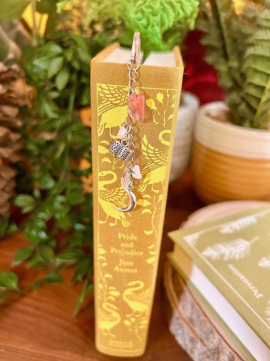Rose Quartz Bookmark: Silver Moon Charm, Crystal Healing, Witchy Book Accessory
