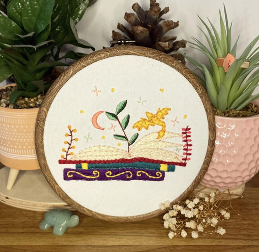 PDF Embroidery Pattern – Magical Storybook with Plants & Moon | Fantasy Book Hoop Art