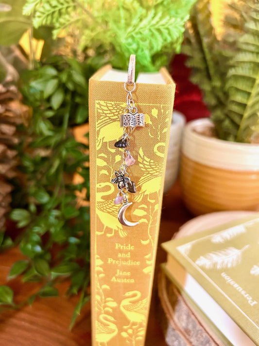 Amethyst & Obsidian Witchy Bookmark: Silver Moon, Bee, Book Charms