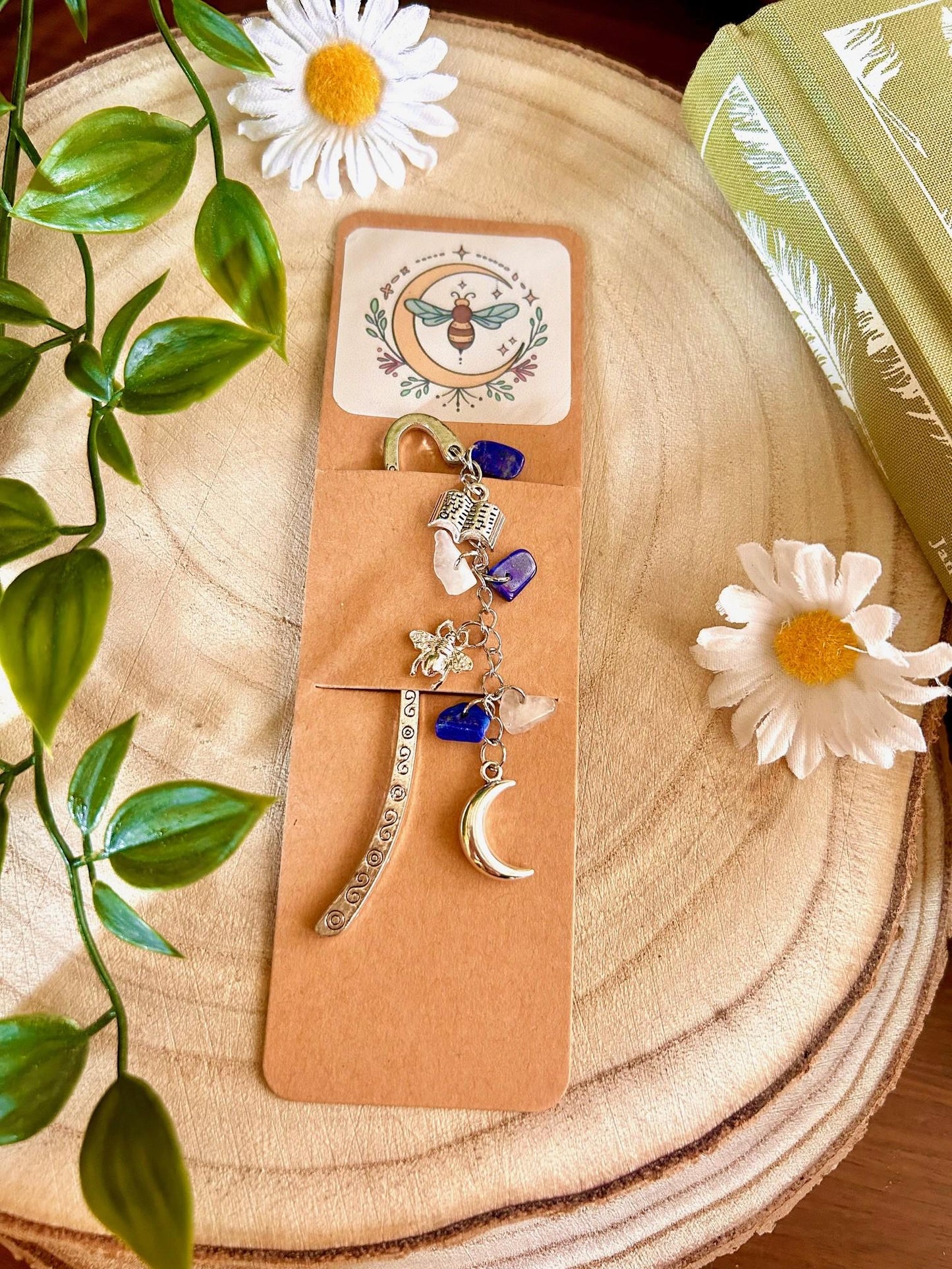 Lapis Lazuli Gemstone Bookmark: Silver Moon Charm, Witchy Book Gift