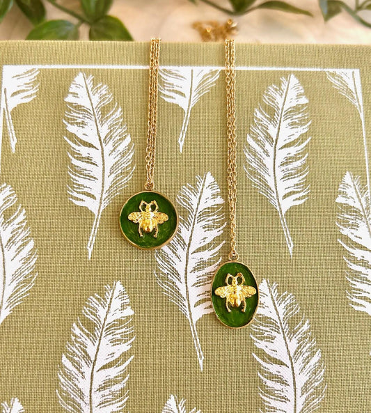 Gold Bee Charm Necklace | Hand-Painted Green Pendant | Boho Cottagecore Jewellery Gift