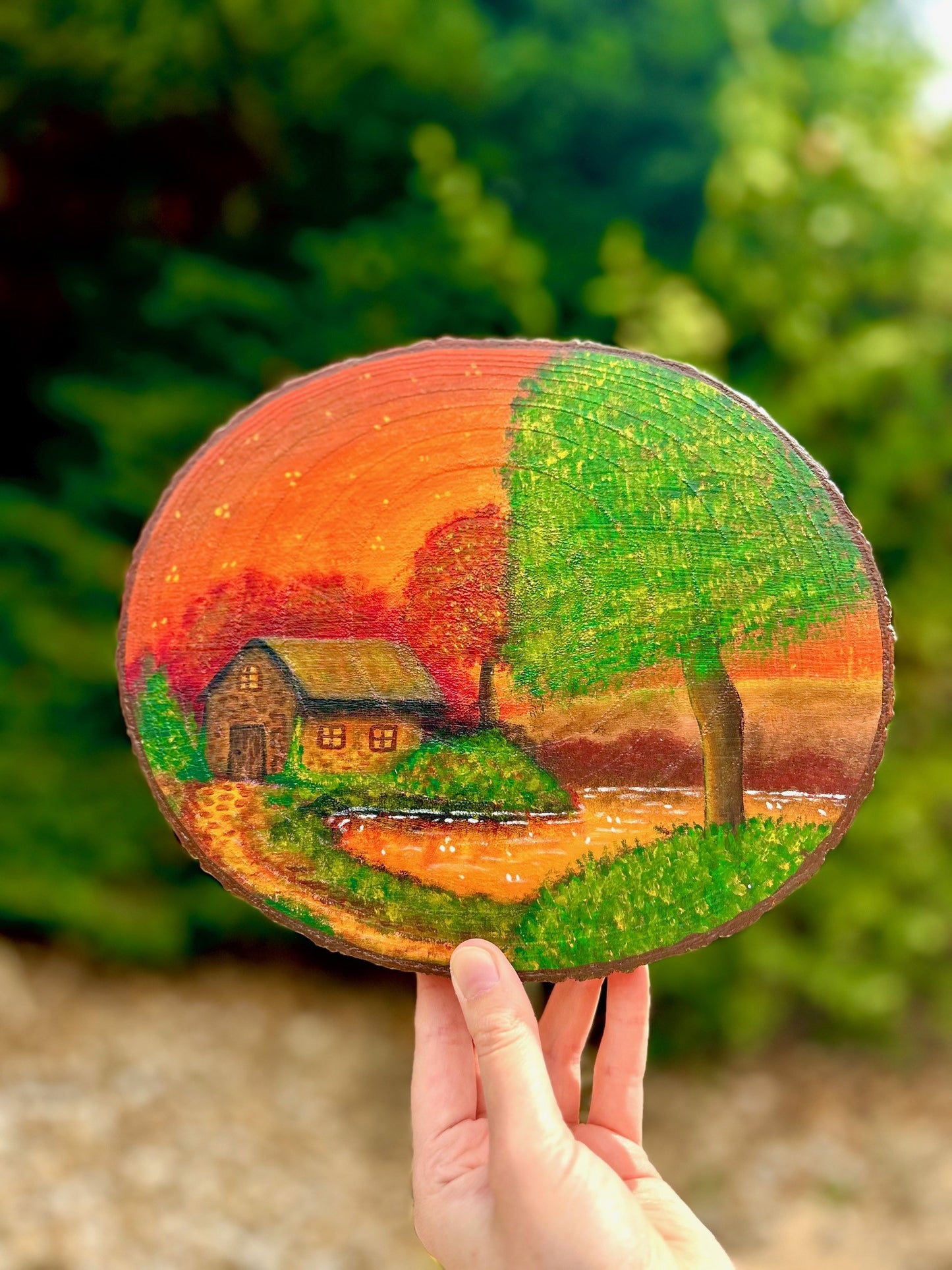 Edge of the Season – Autumn Cabin Painting on Rustic Wood Slice