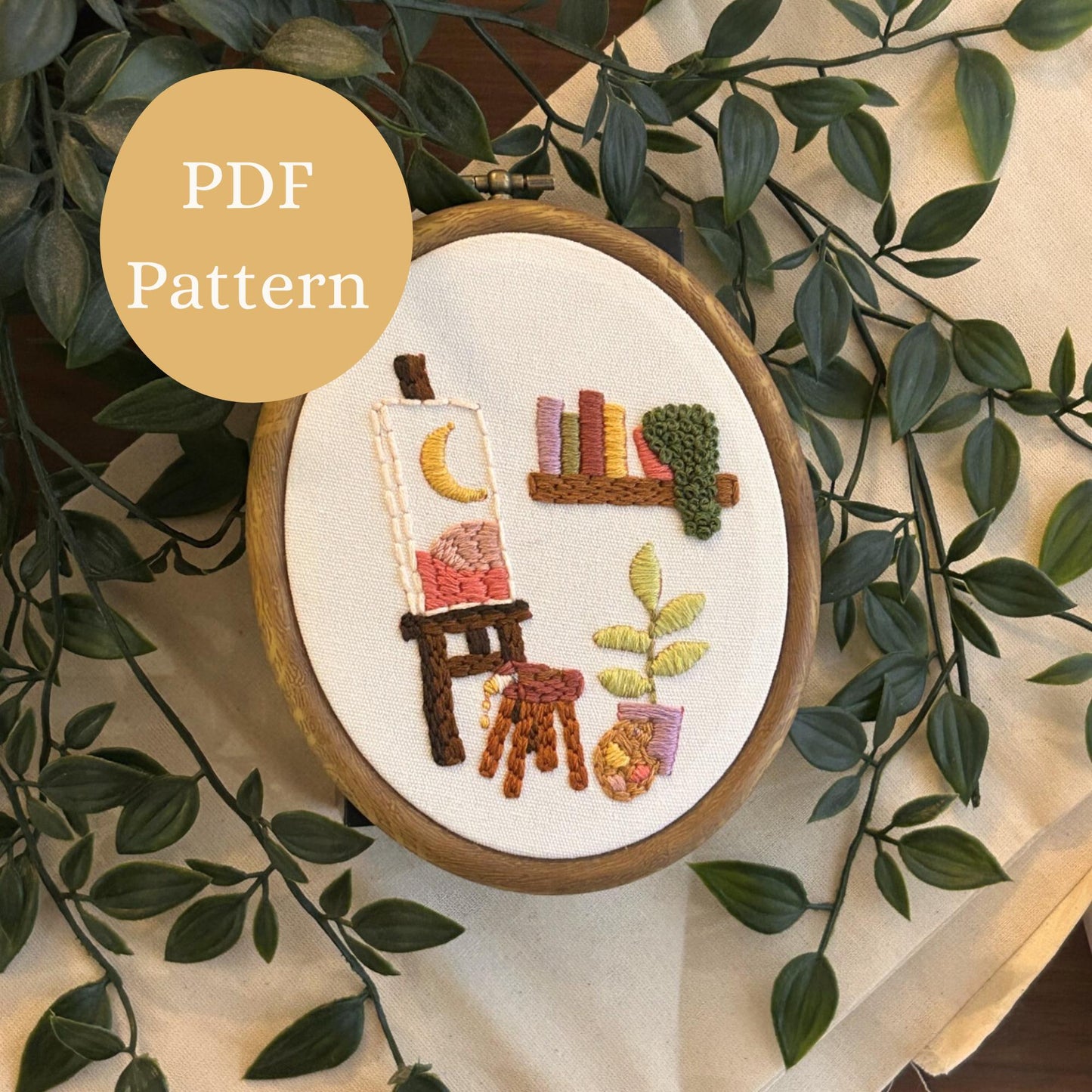 PDF Embroidery Pattern – Art Nook with Easel, Books & Plant | Cosy Creative Corner Stitch Design