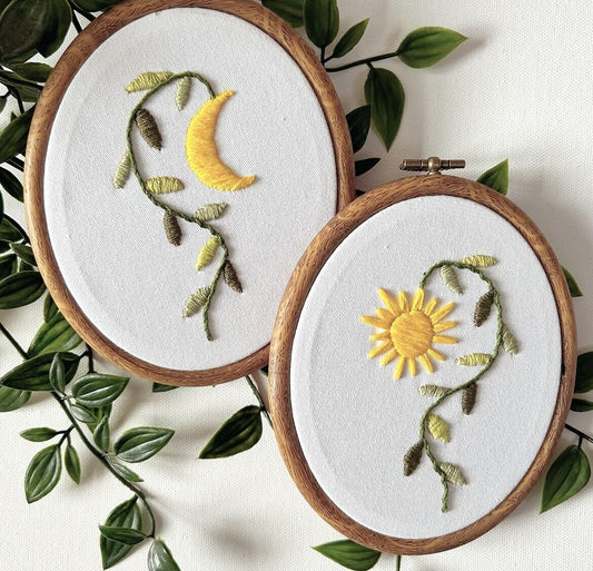 PDF Embroidery Pattern Set – Sun & Moon Botanical Hoops | Minimalist Nature Stitch Bundle