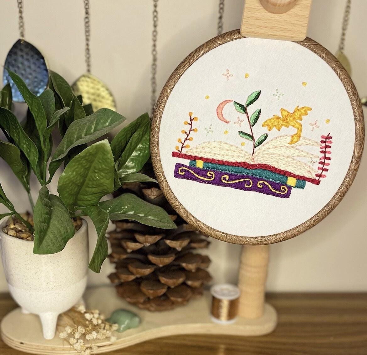 PDF Embroidery Pattern – Magical Storybook with Plants & Moon | Fantasy Book Hoop Art