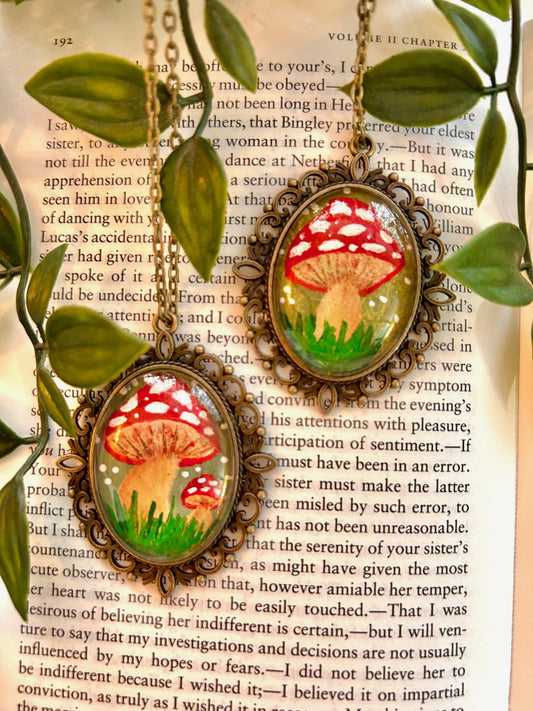 Toadstool Pendant Necklace – Hand-Painted Red Mushroom in Vintage Bronze Frame | Cottagecore Nature Jewellery
