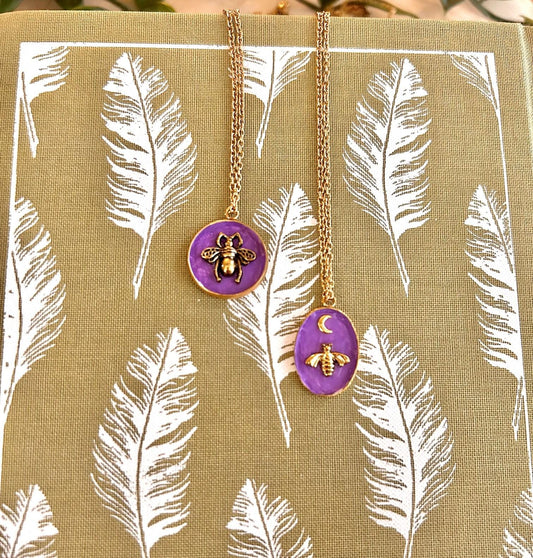 Lavender Bee Necklace – Handmade Painted Pendant with Gold Charm | Celestial Cottagecore Jewellery