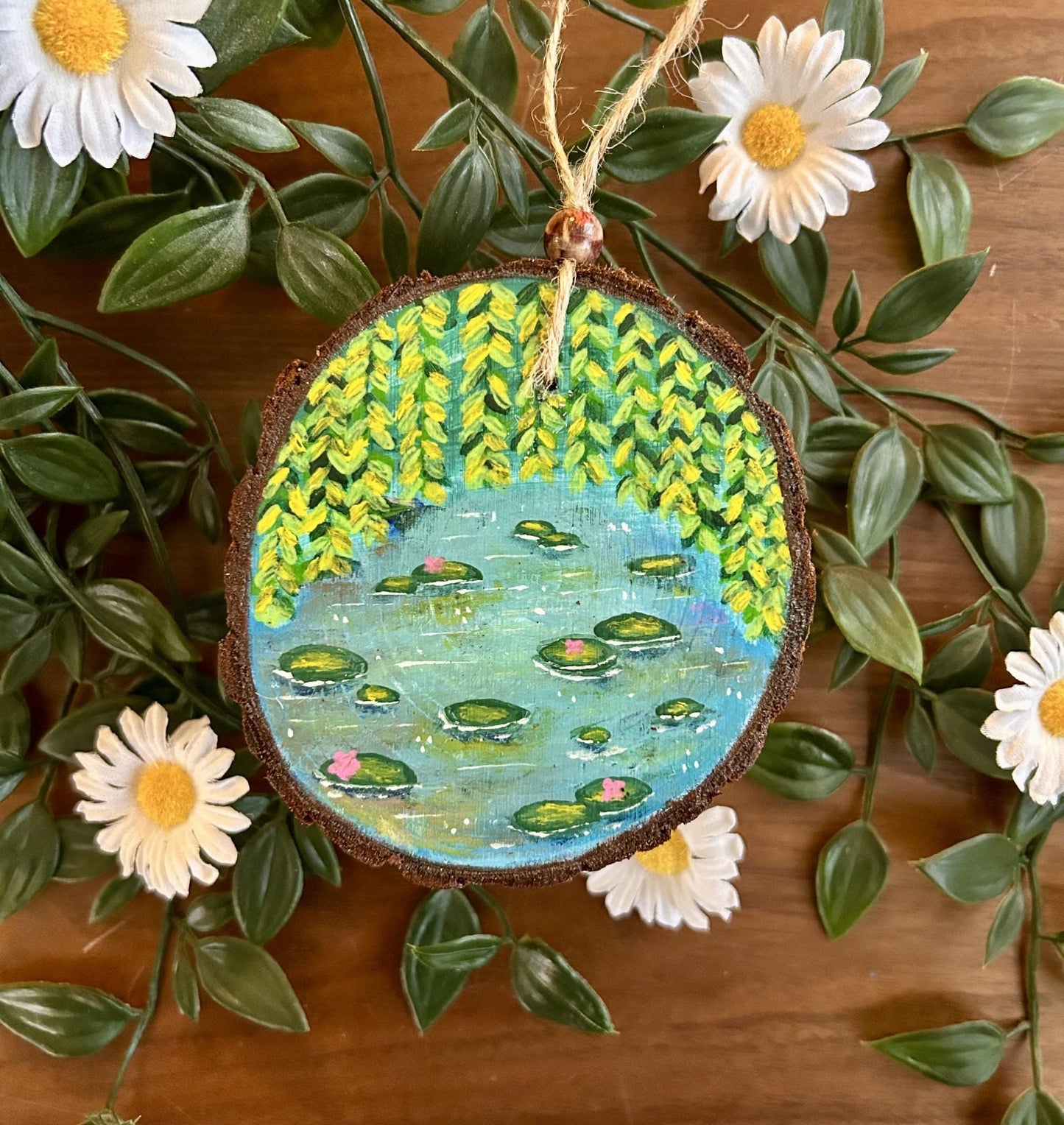 Hand Painted Waterlilies Wood Slice Mini Wall Hanging Original Art Home Decor Ornament