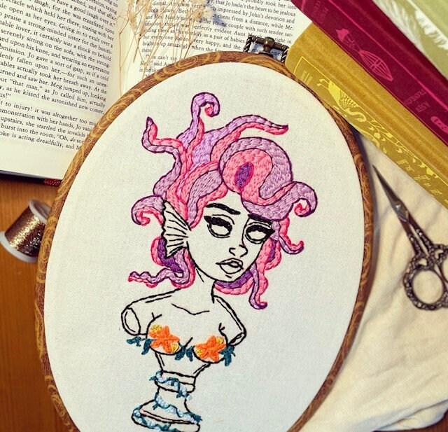 PDF Embroidery Pattern – Mythic Medusa Muse Bust with Tentacle Hair | Bold Ocean-Inspired Modern Stitch