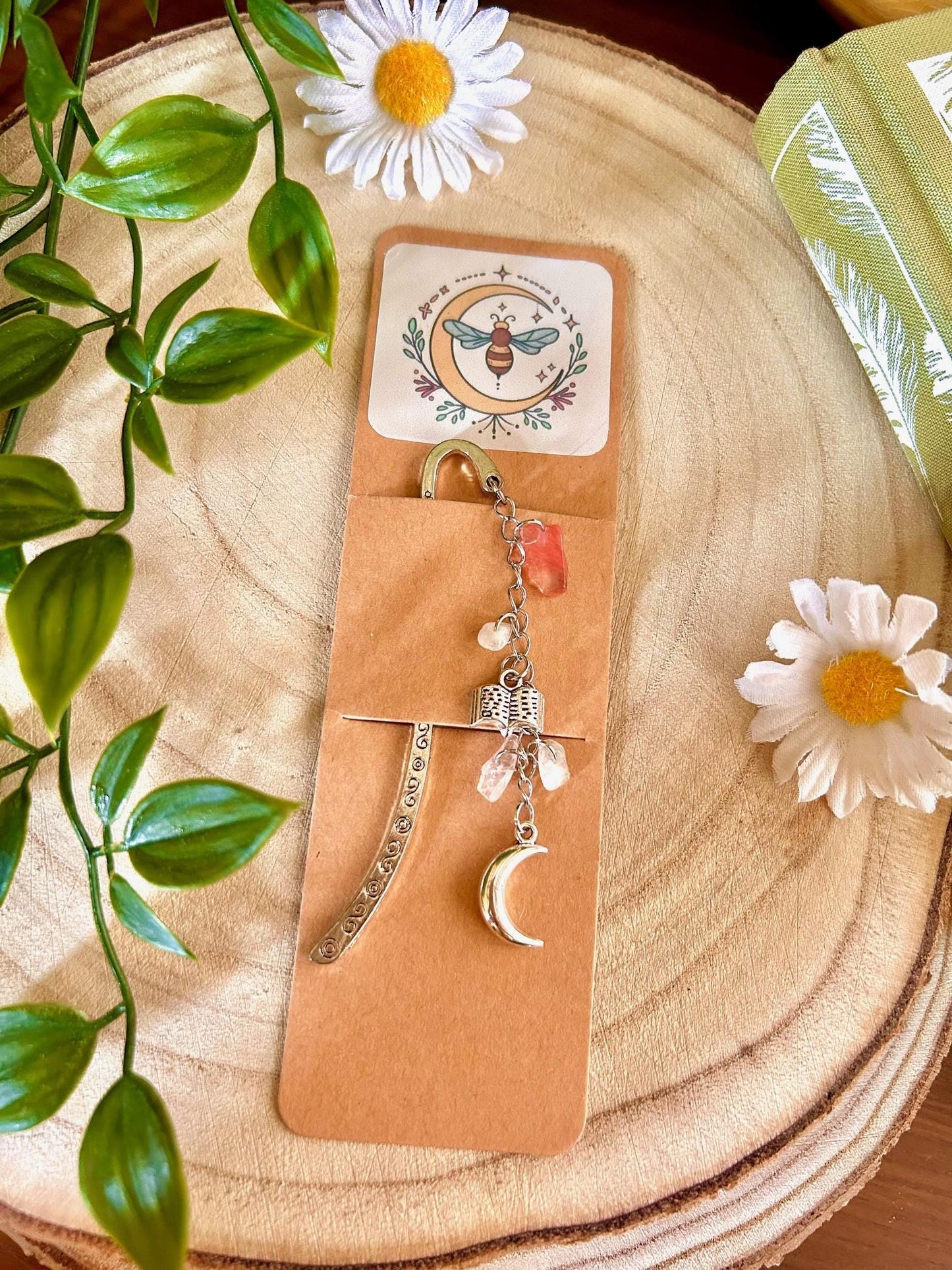 Rose Quartz Bookmark: Silver Moon Charm, Crystal Healing, Witchy Book Accessory