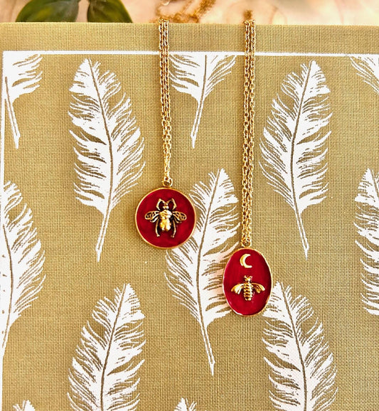 Gold Bee Charm Necklace | Hand-Painted Red Pendant | Boho Cottagecore Jewellery Gift