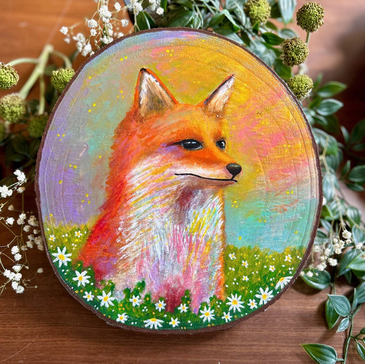 Golden Hour – Hand-Painted Fox and Meadow Art on Wood Slice Original Painting