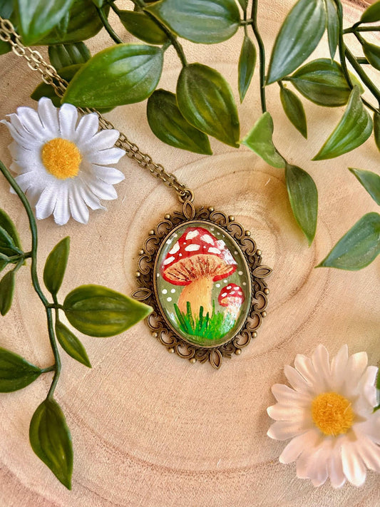 Hand-Painted Mushroom Pendant Necklace | Cottagecore Floral Jewelry
