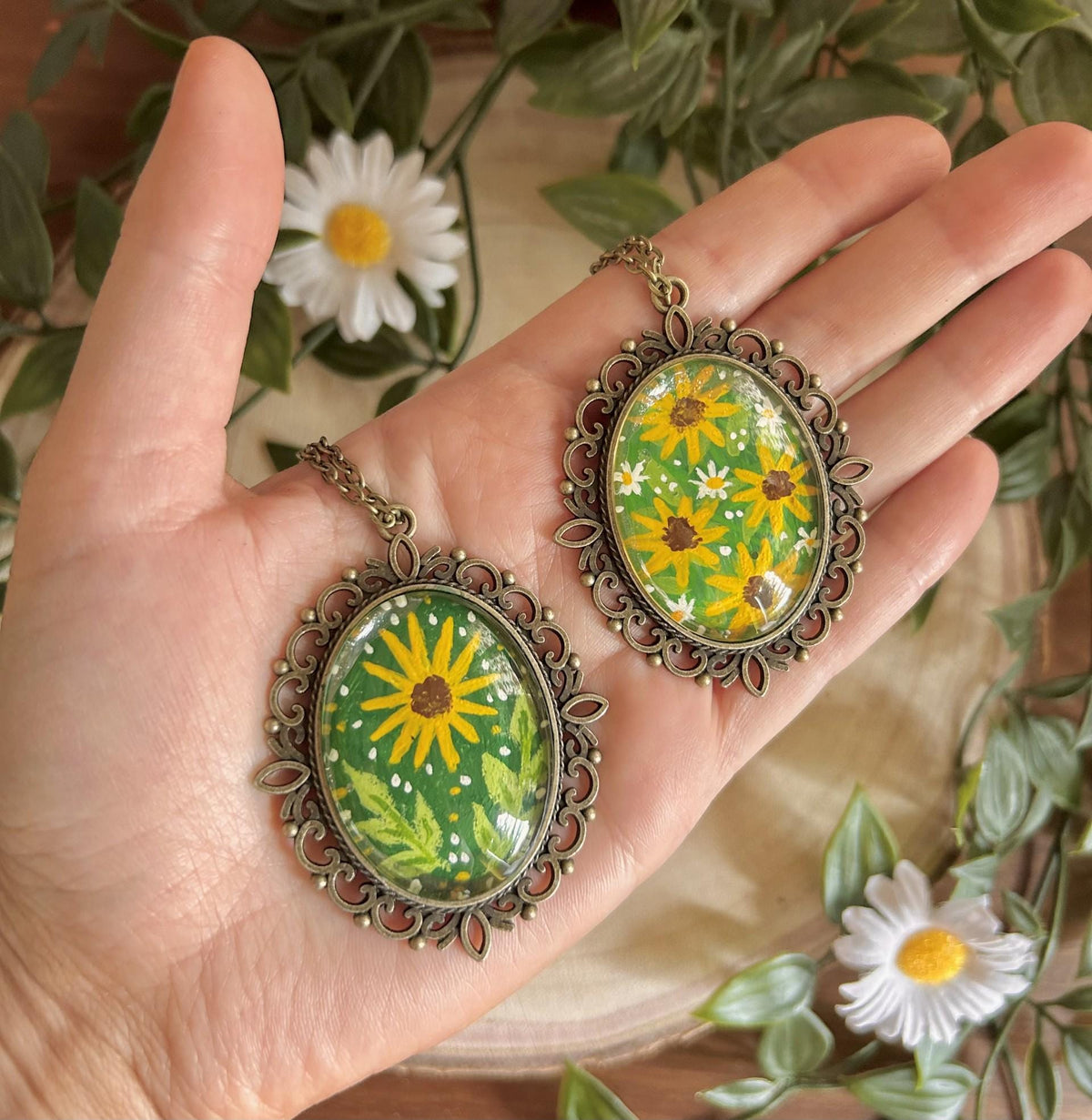 Hand Painted Sunflower Pendant Necklace | Vintage Style Bronze Frame