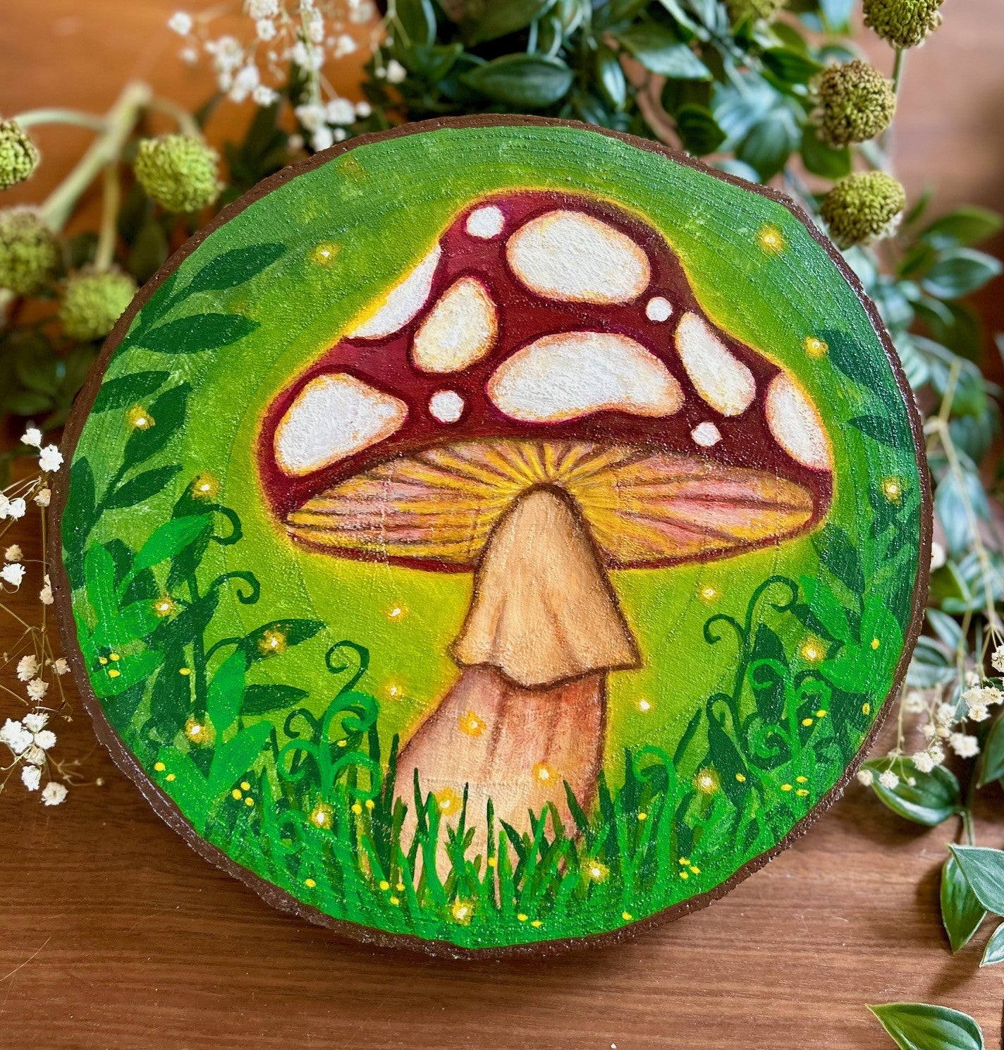 Sporelight – Glowing Toadstool Forest Original Painting on Wood Slice