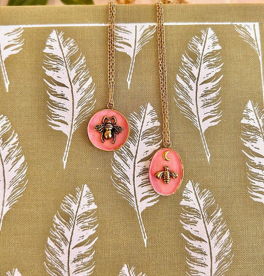 Blush Pink Bee Necklace – Handmade Painted Pendant with Gold Charm | Cottagecore Celestial Jewellery