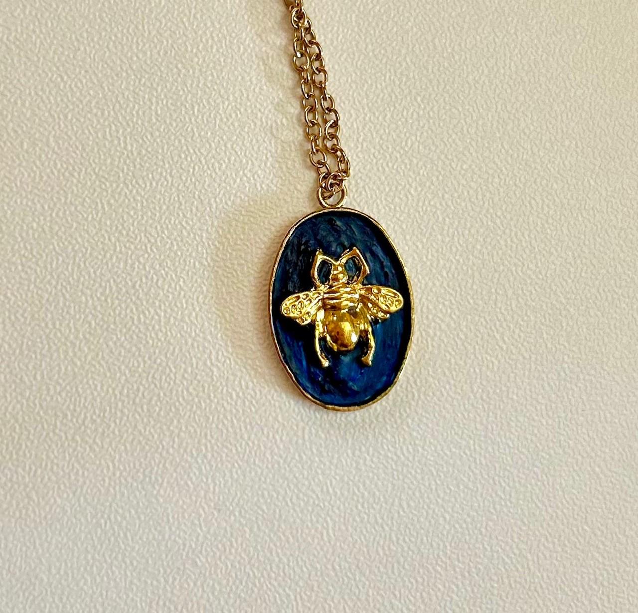 Navy & Gold Bee Charm Necklace – Handmade Painted Pendant on Gold Chain | Nature-Inspired Jewellery