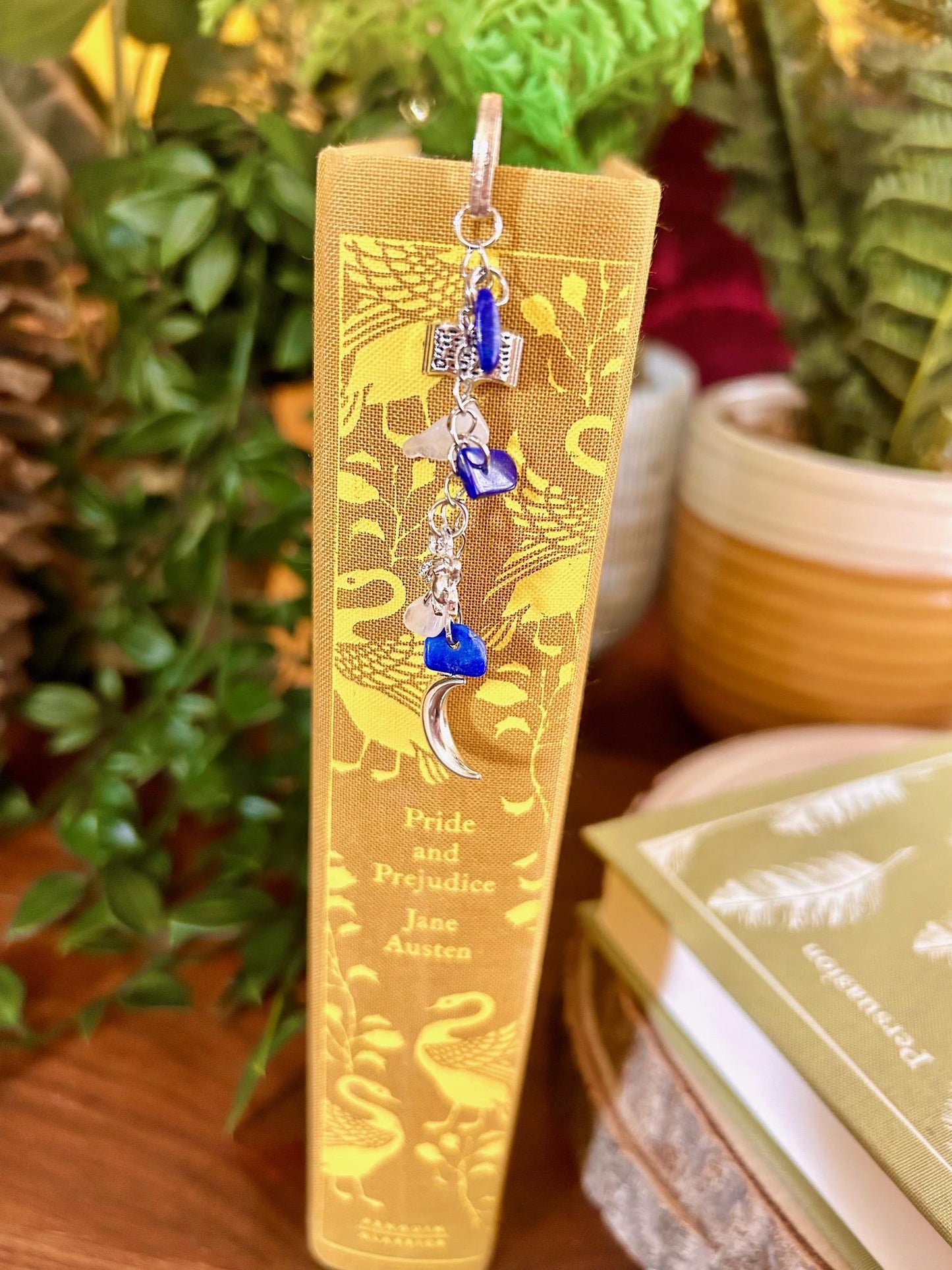 Lapis Lazuli Gemstone Bookmark: Silver Moon Charm, Witchy Book Gift