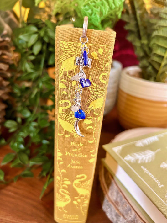 Lapis Lazuli Gemstone Bookmark: Silver Moon Charm, Witchy Book Gift