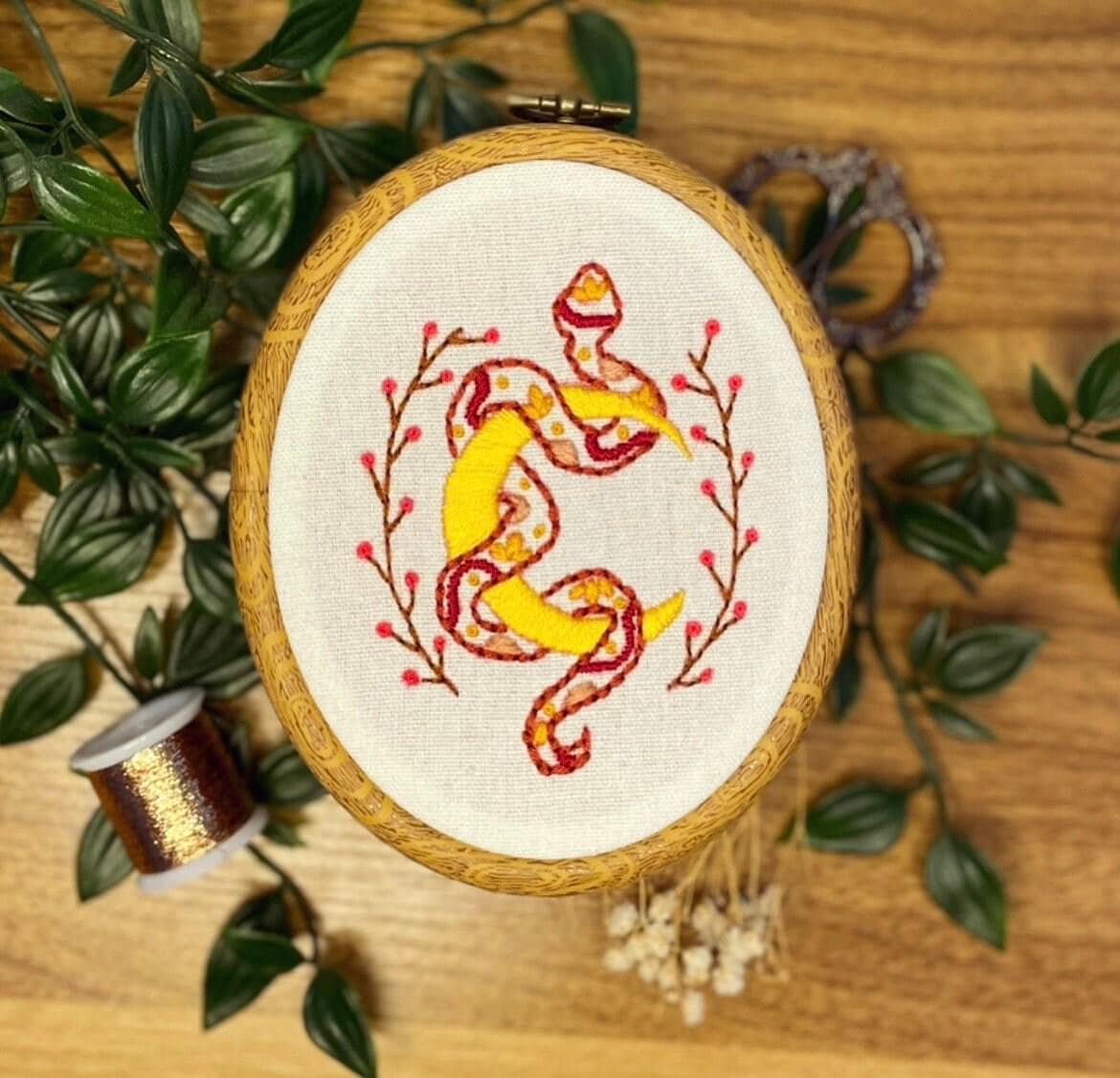 PDF Embroidery Pattern – Lunar Snake with Florals | Mystical Witchy Boho Hoop Art Design