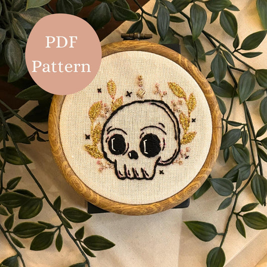PDF Embroidery Pattern – Pretty Grim Skull with Gold Florals | Cute Gothic Witchy Stitch