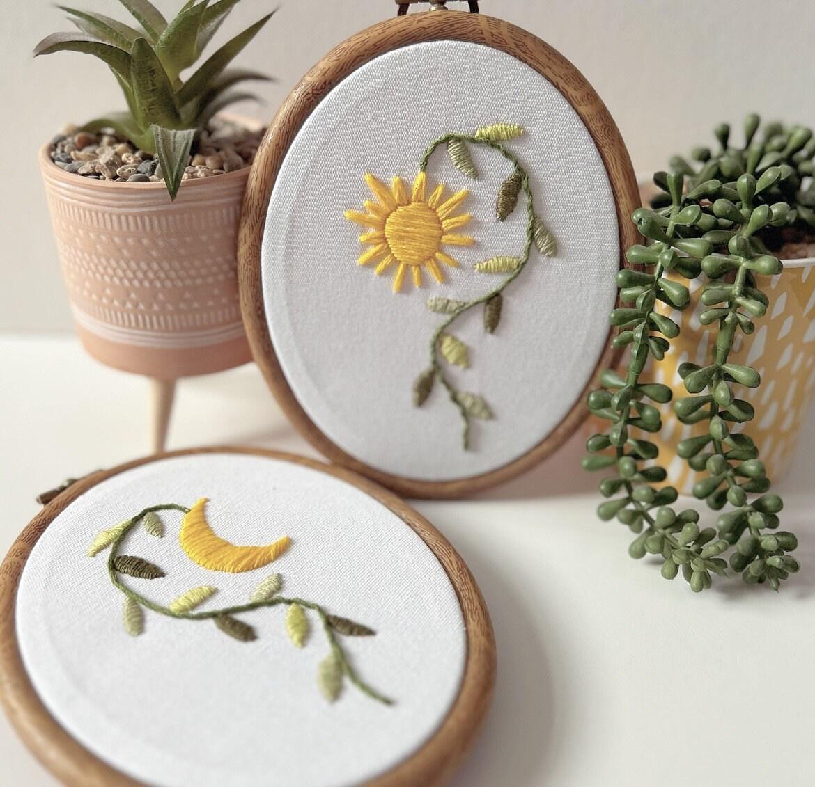 PDF Embroidery Pattern Set – Sun & Moon Botanical Hoops | Minimalist Nature Stitch Bundle