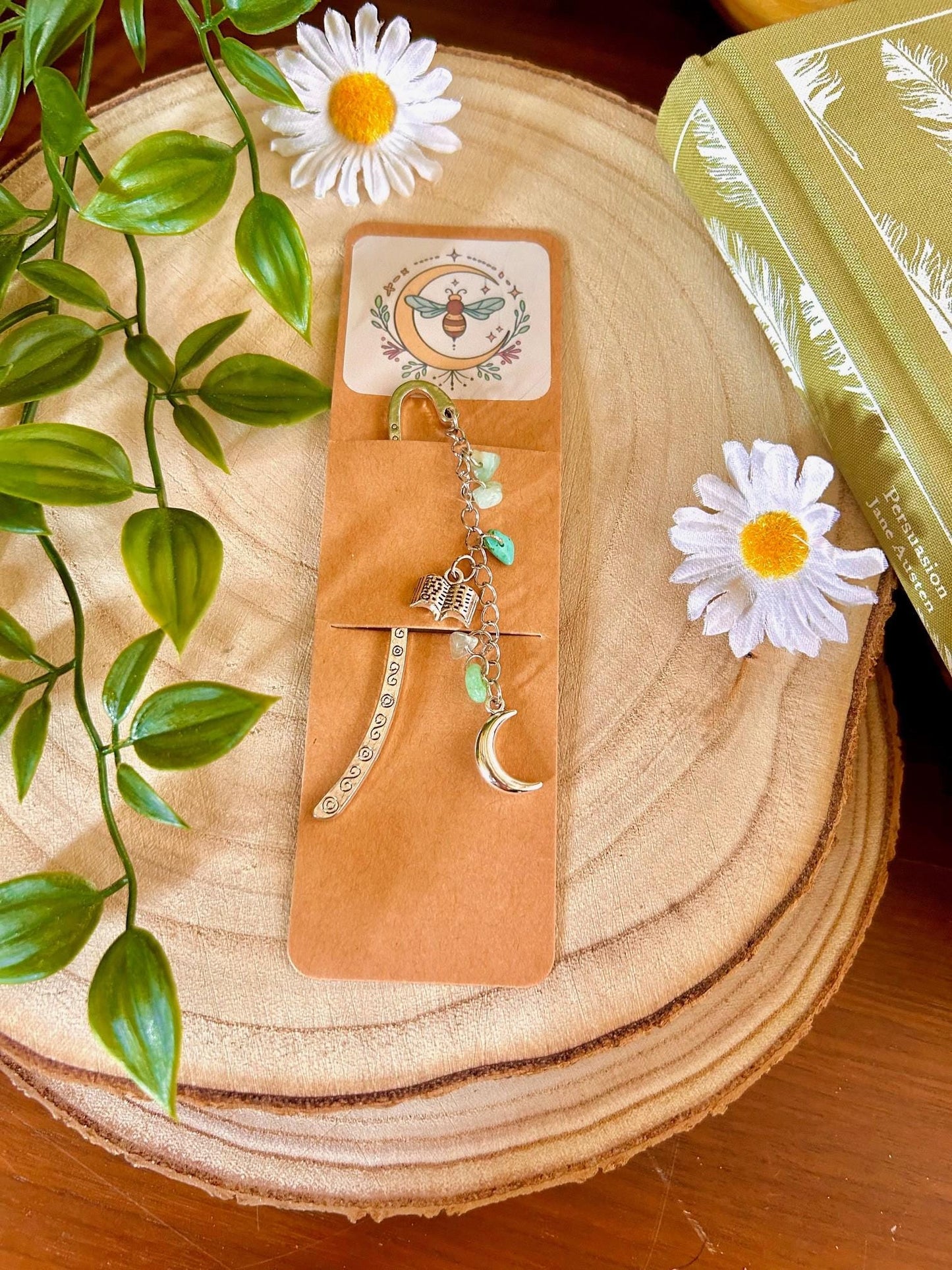 Celestial Moon Bookmark: Turquoise Gemstone & Book Charms