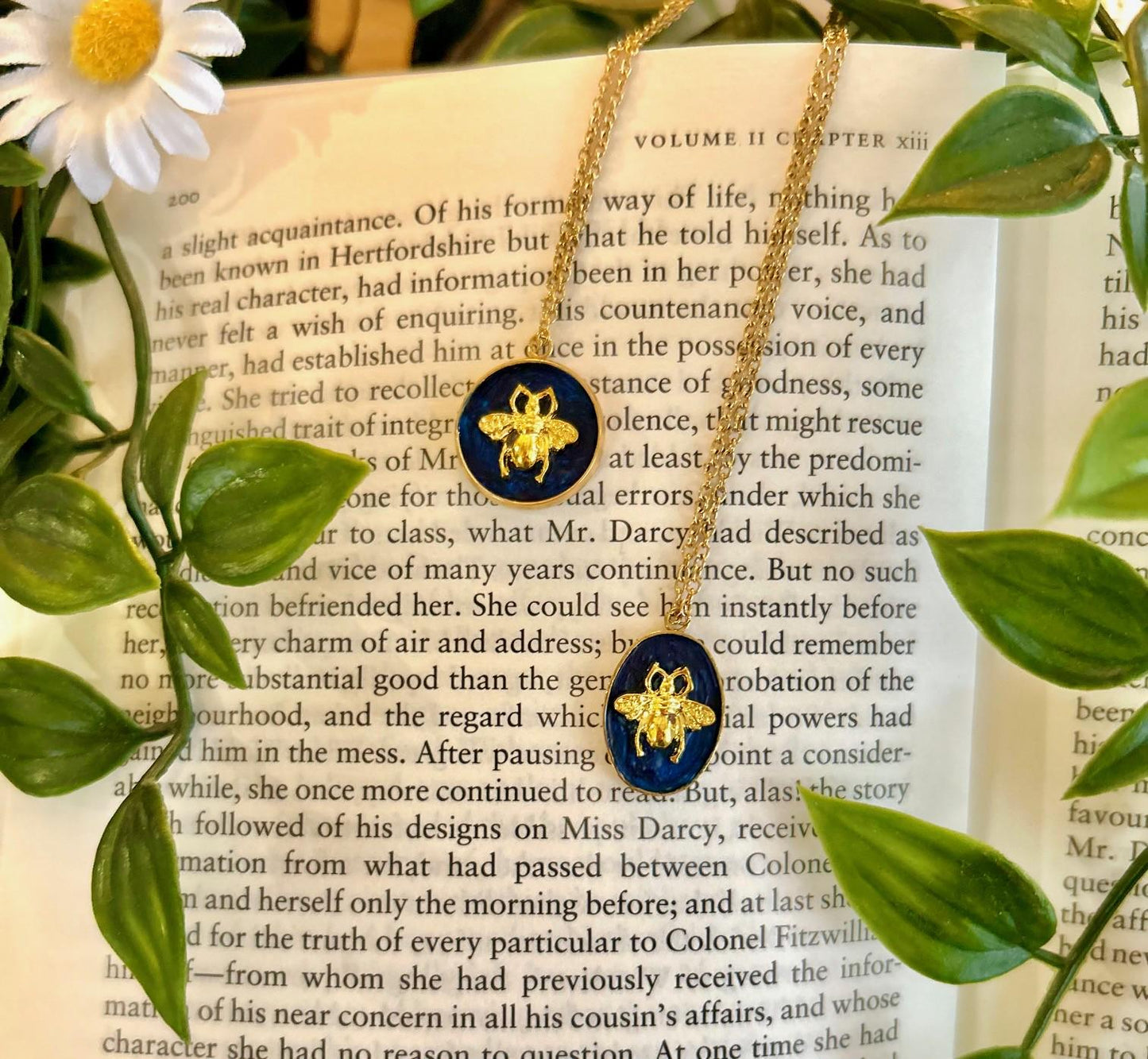 Navy & Gold Bee Charm Necklace – Handmade Painted Pendant on Gold Chain | Nature-Inspired Jewellery