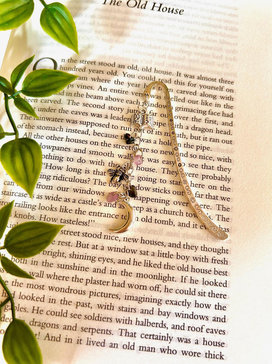 Amethyst & Obsidian Witchy Bookmark: Silver Moon, Bee, Book Charms