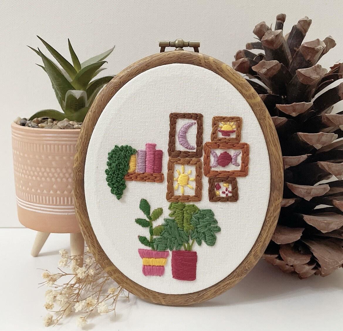 PDF Embroidery Pattern – Cosy Shelf & Plants Wall Art | Mini Frame and Bookshelf Stitch Design