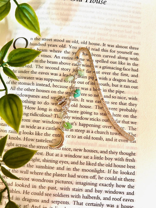 Celestial Moon Bookmark: Turquoise Gemstone & Book Charms