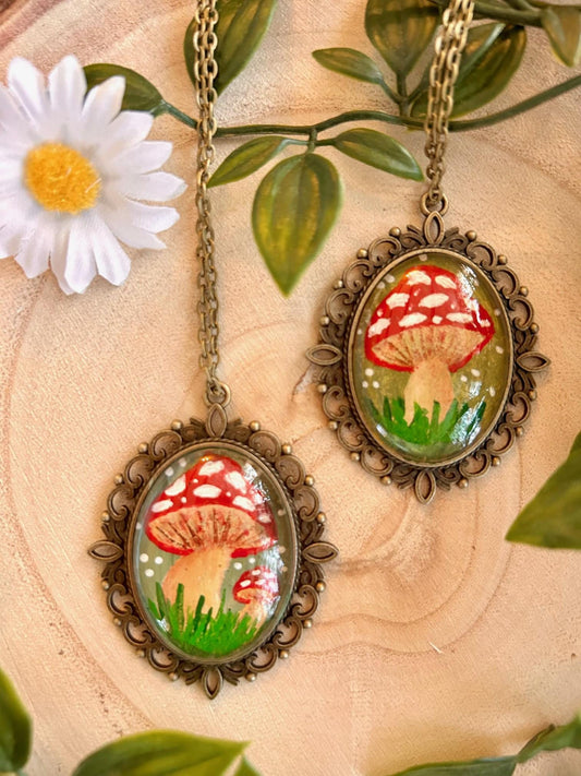 Toadstool Pendant Necklace – Hand-Painted Red Mushroom in Vintage Bronze Frame | Cottagecore Nature Jewellery