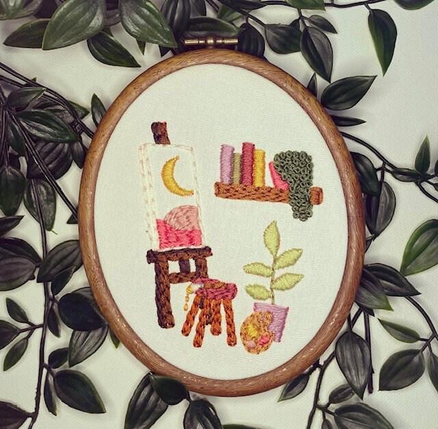 PDF Embroidery Pattern – Art Nook with Easel, Books & Plant | Cosy Creative Corner Stitch Design