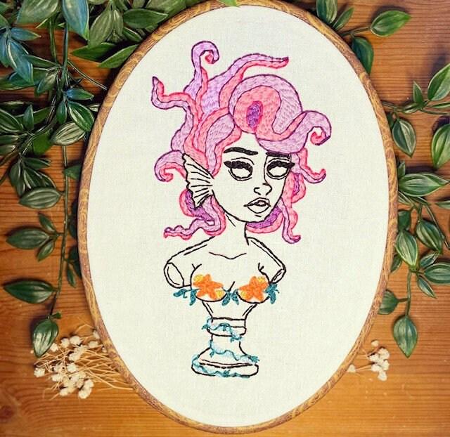 PDF Embroidery Pattern – Mythic Medusa Muse Bust with Tentacle Hair | Bold Ocean-Inspired Modern Stitch