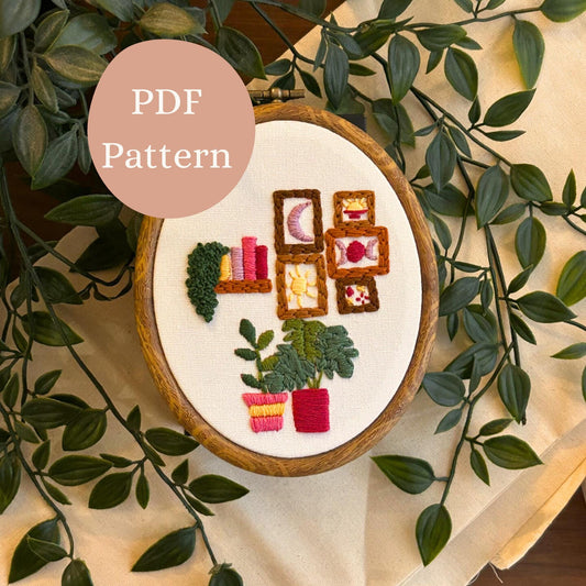 PDF Embroidery Pattern – Cosy Shelf & Plants Wall Art | Mini Frame and Bookshelf Stitch Design