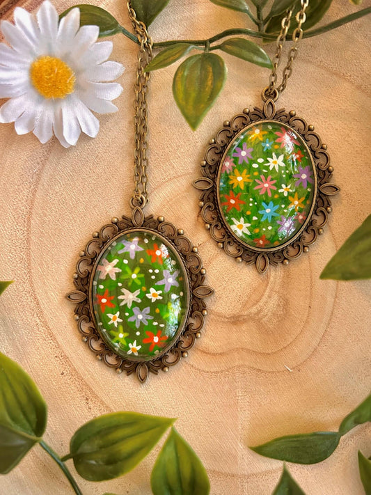 Wildflower Meadow Pendant Necklace – Hand-Painted Floral Oval with Bronze Frame | Whimsical Nature Jewellery