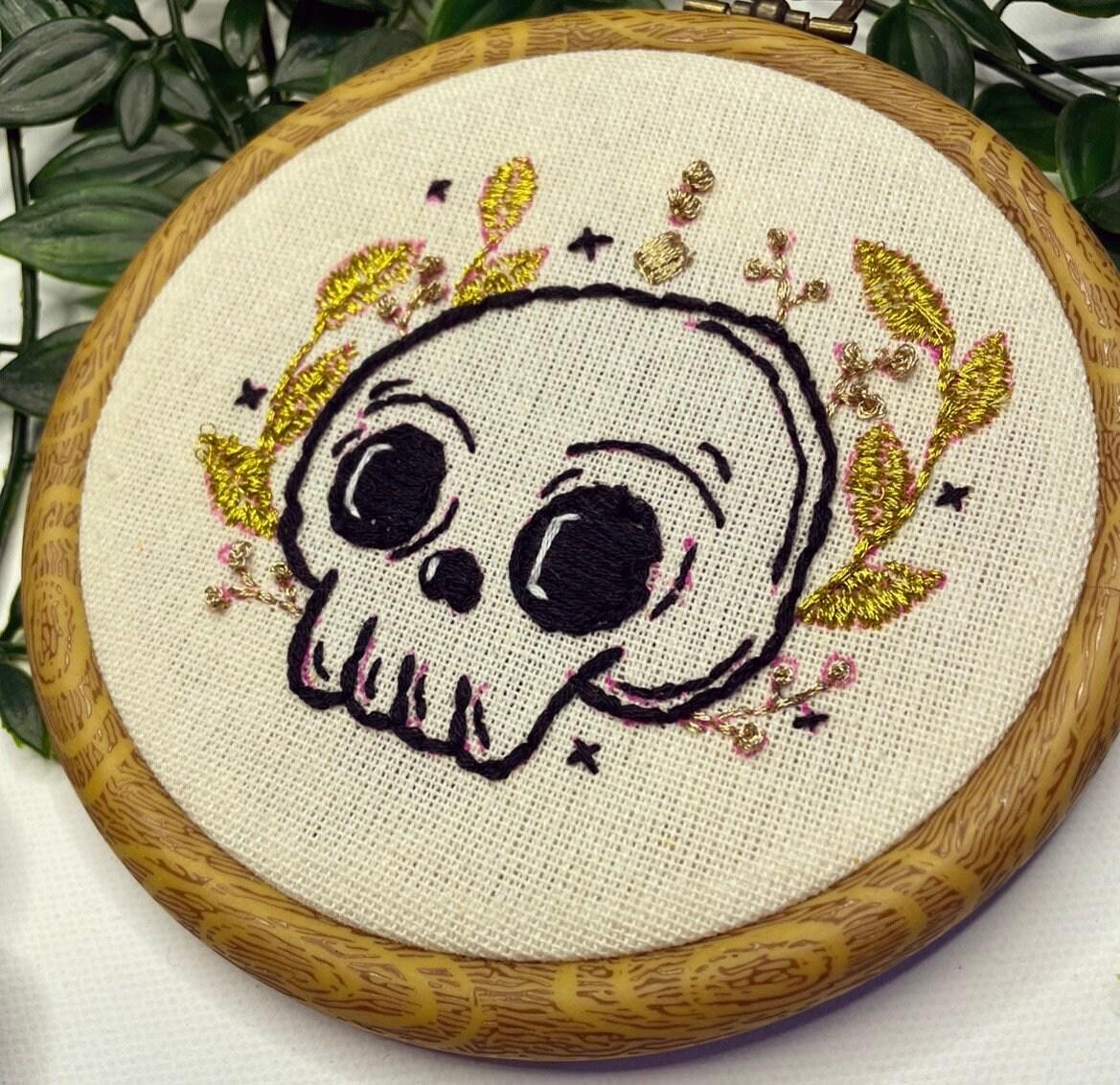 PDF Embroidery Pattern – Pretty Grim Skull with Gold Florals | Cute Gothic Witchy Stitch