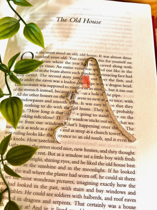 Rose Quartz Bookmark: Silver Moon Charm, Crystal Healing, Witchy Book Accessory