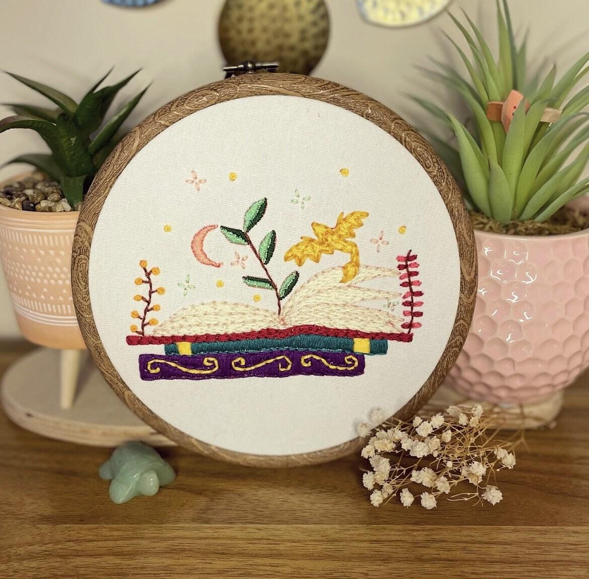 PDF Embroidery Pattern – Magical Storybook with Plants & Moon | Fantasy Book Hoop Art