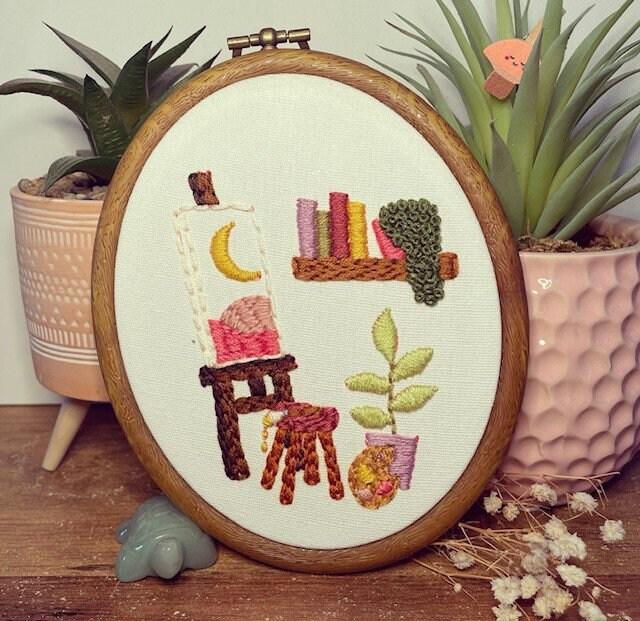 PDF Embroidery Pattern – Art Nook with Easel, Books & Plant | Cosy Creative Corner Stitch Design